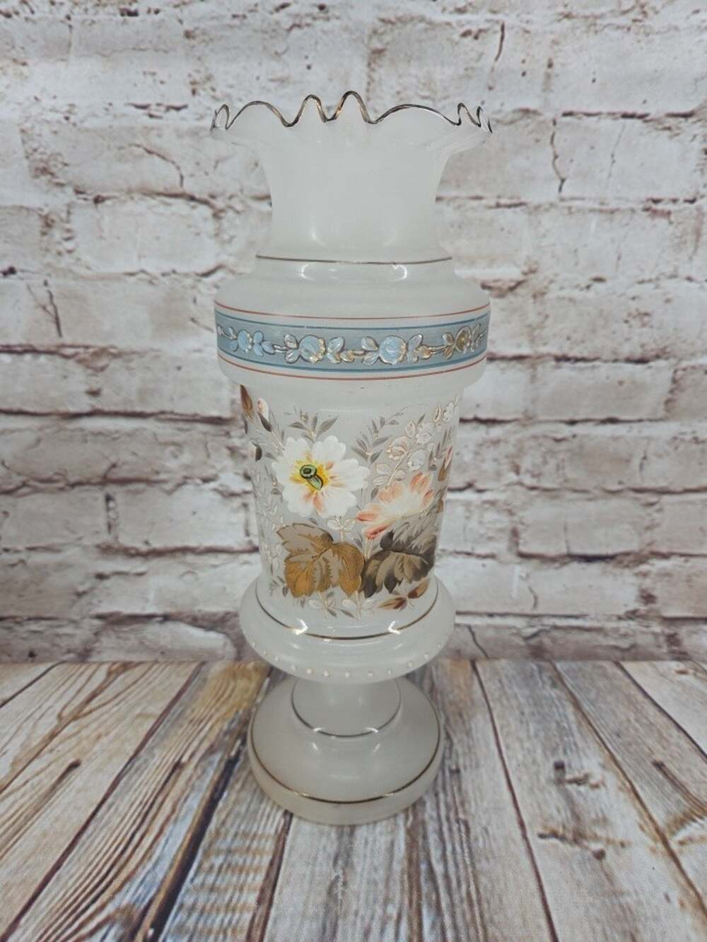 Antique Victorian Bristol Glass Vase Hand Painted Floral Opaque Opaline Ruffle